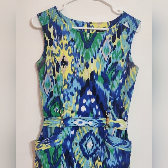 Ellen Tracey Abstract ARTSY SHEATH Dress With Pockets DECORATIVE BELT - Picture 2 of 10